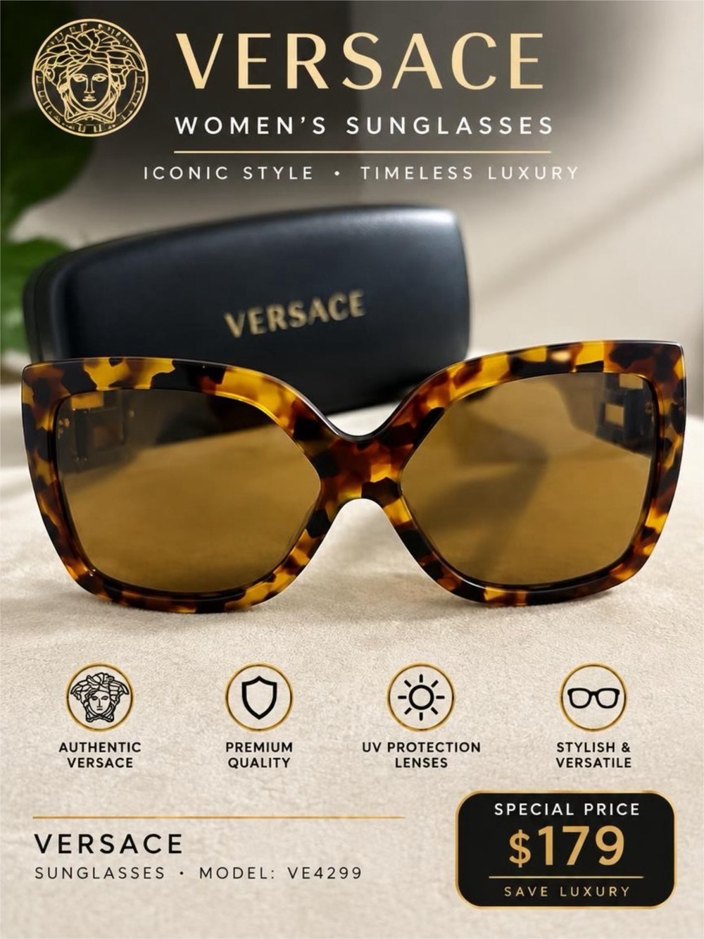 Versace Tortoise Shell Cat-Eye Sunglasses with Brown Lenses
